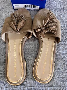 Athena Alexander Stone Suede Tassel Mule Slides
